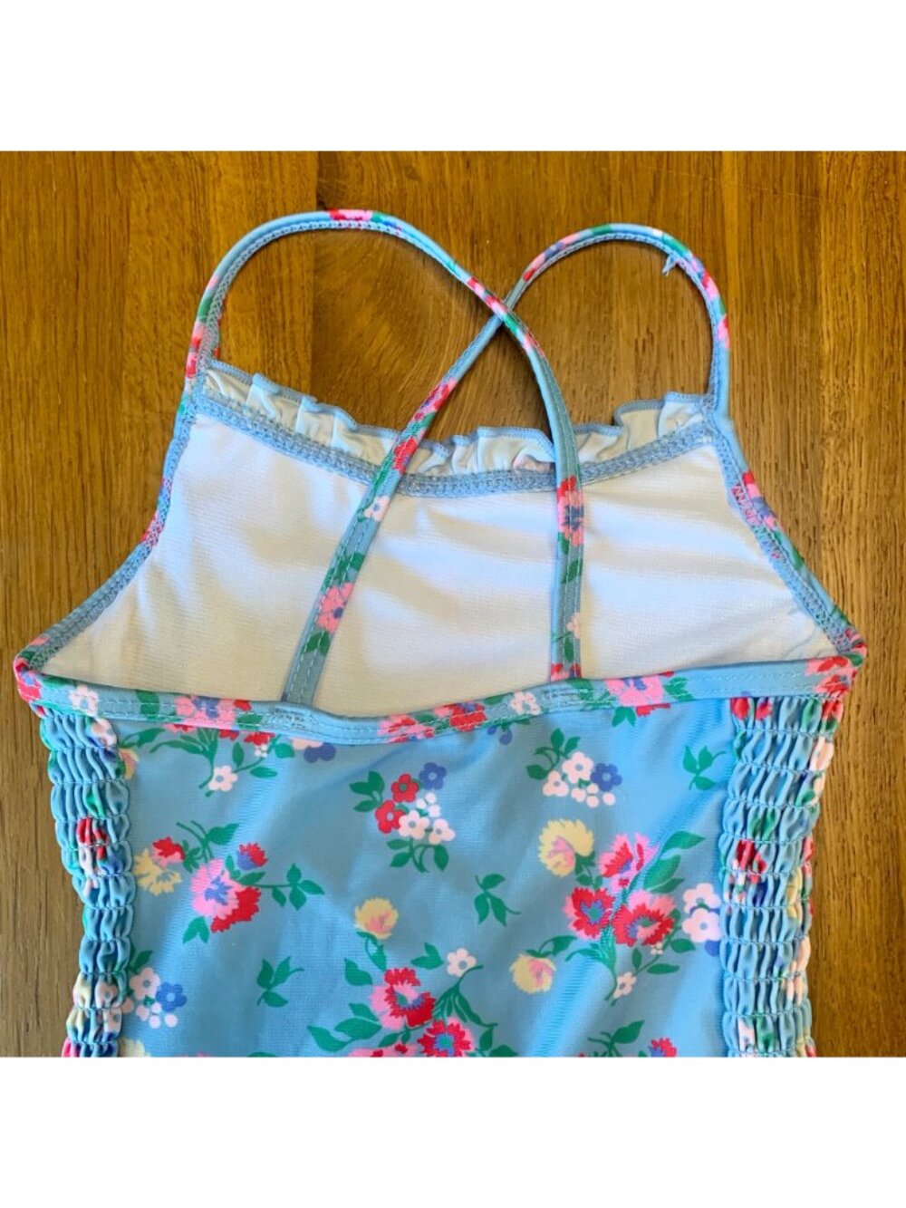 CATH KIDS Floral Swimsuit Girls 3-4 3T 4T Pink Blue Cross Back Ruffles Smocking - Picture 4 of 8
